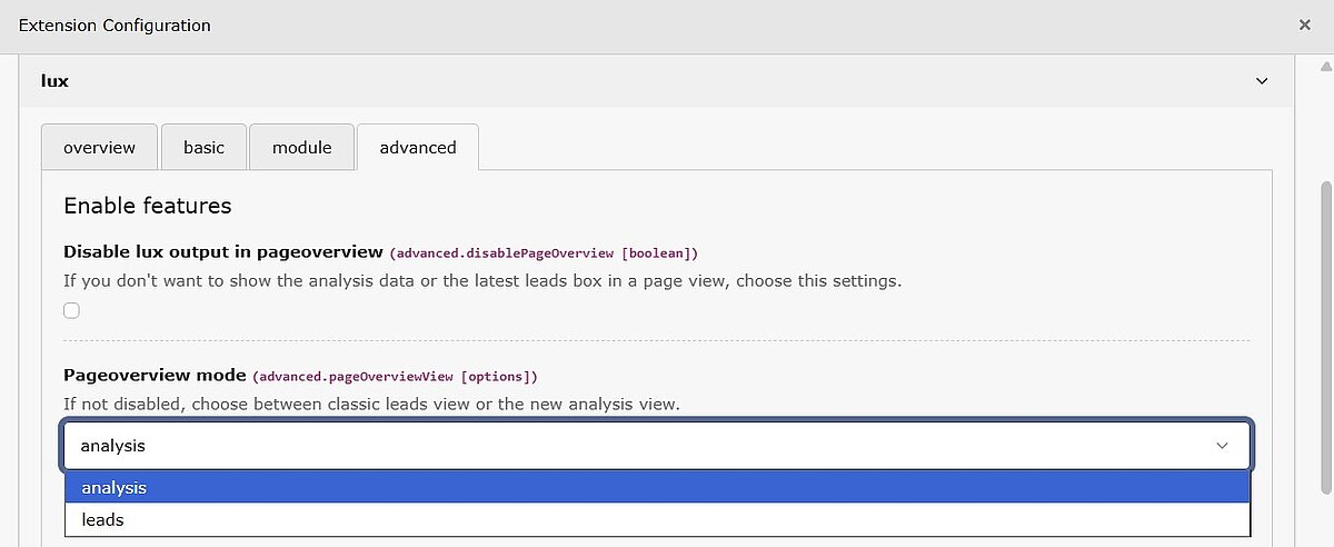 Screenshot der TYPO3-Extension-Konfiguration für LUX. Im Reiter ‚advanced‘ ist das Dropdown-Menü für den ‚Pageoverview mode‘ geöffnet, wobei die Option ‚analysis‘ ausgewählt ist, um die Analyse-Ansicht anstelle der Leads-Ansicht zu aktivieren.